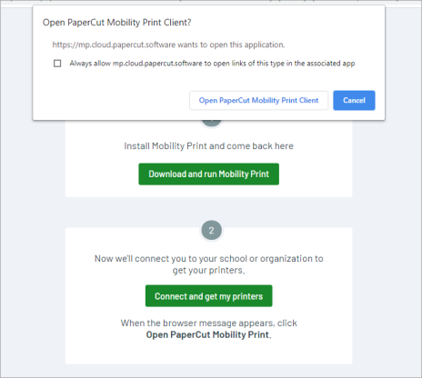 Screenshot showing the 'Open PaperCut Mobility Print client' button to launch the client on Windows.