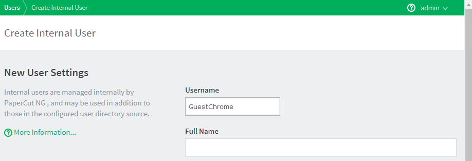 Adding a guest user to PaperCut NG/MF with the 'GuestChrome' username.